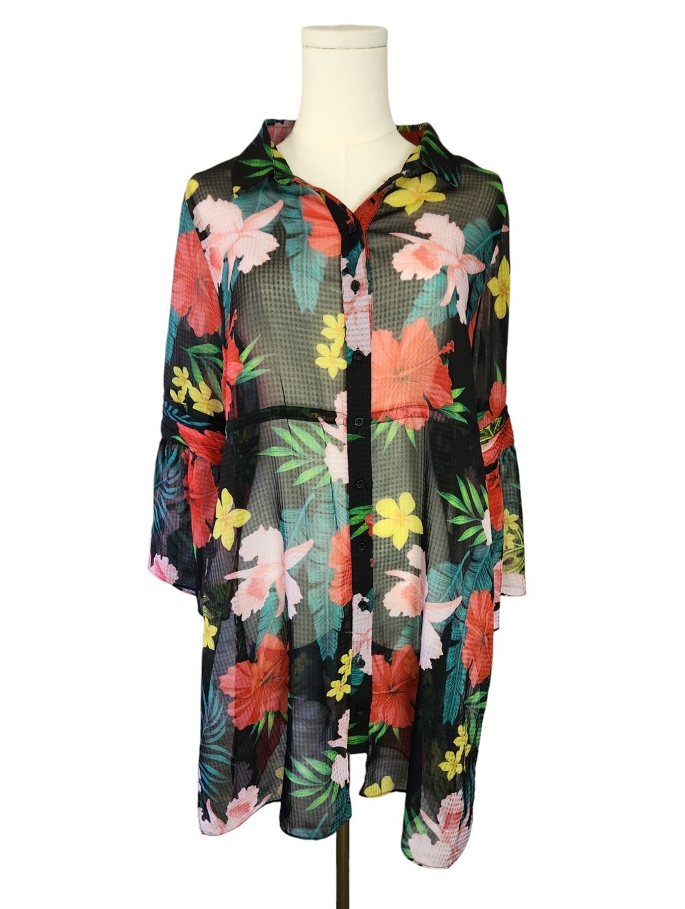 Soft Surroundings Tropical Floral Sheer Button Down Tunic Top Womens Small